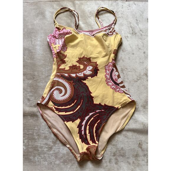 Maryan Mehlhorn SWIMSUIT Sz 6 One Piece Yellow Brown Paisley Wired Cup Sz B - Picture 2 of 16